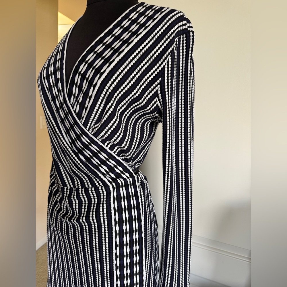 Tory Burch Wrap Dress Black White Striped Knit Long Sleeve Size L